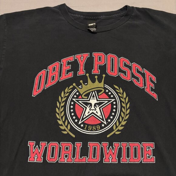 Obey T Shirt Medium Black Short Sleeves Y2K Graphical Obey Posse Worldwide - Picture 2 of 6